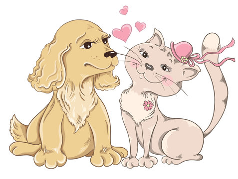 Cat and Dog. Greeting card for Valentines Day