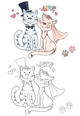Coloring book with cartoon groom and bride cats. Wedding