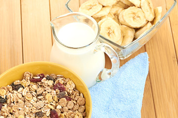 Delicious and healthy cereal in bowl with milk