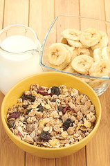 Delicious and healthy cereal in bowl with milk