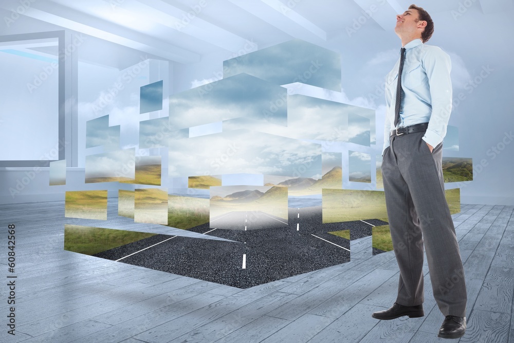 Aufkleber composite image of happy businessman standing with hands