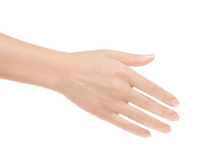 Empty open woman hand on white background