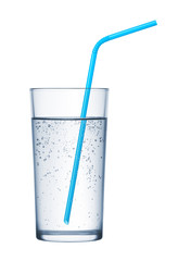 glass of mineral water and drinking straws on white background