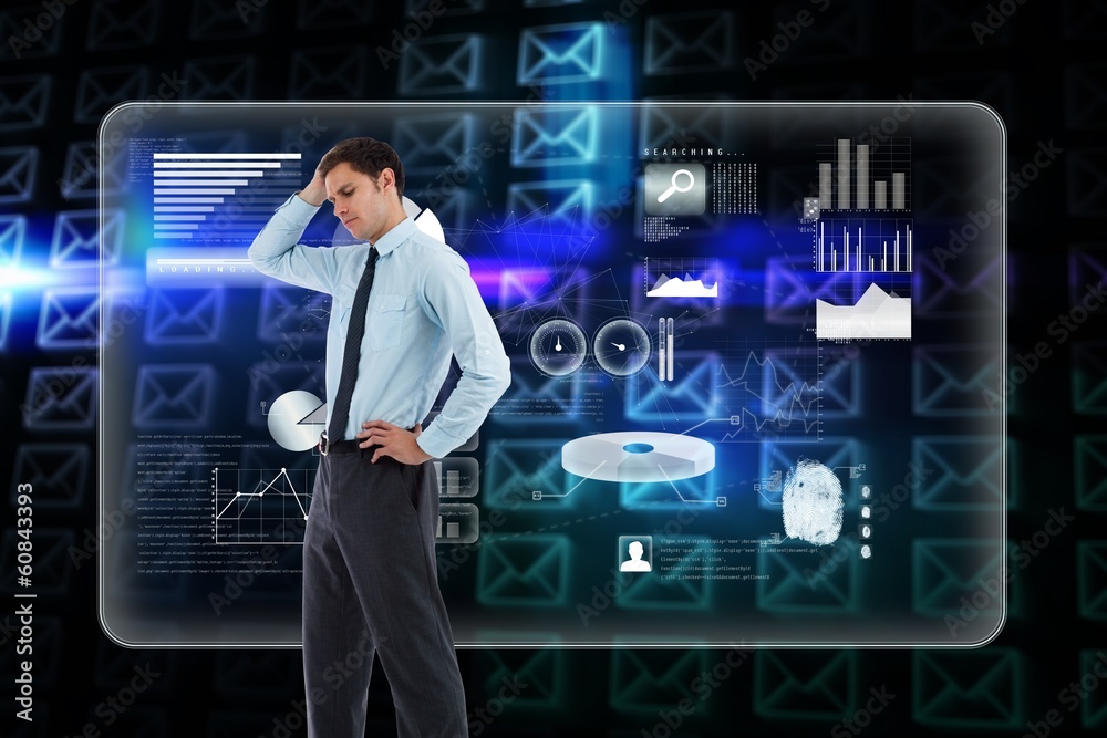 Poster composite image of thoughtful businessman with hand on head