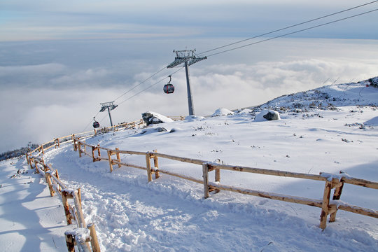 Modern cableway in ski resort Tatranska Lomnica, Slovakia