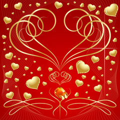 Lot of golden hearts on red background