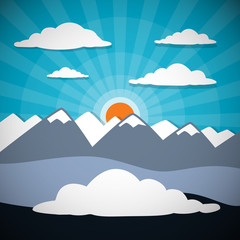 Mountain Abstract Vector Background with Sun, Clouds