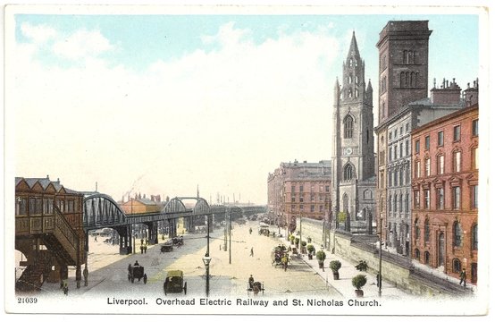 Liverpool, Hochbahn im Stadtzentrum 1908 (col. Postkarte)
