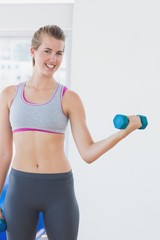 Fototapeta na wymiar Young woman exercising with dumbbell in fitness studio