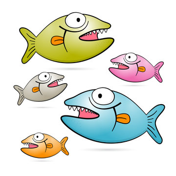 Colorful Vector Fish With Teeth Set Isolated on White Background