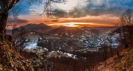 colorful winter sunrise in the Carpathian mountains