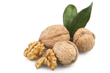 Walnuts group close up on the white