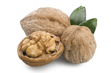 Walnuts group close up on the white