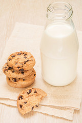 Chocolate chip cookies with milk bottle