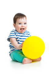 Fototapeta na wymiar Cheerful baby with ballon in hand isolated