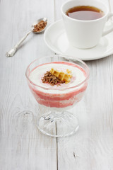 Dessert cream strawberry with chocolate and cookies