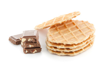 Pile of sweet waffles and chocolate parts