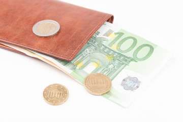 Brown wallet with EU money