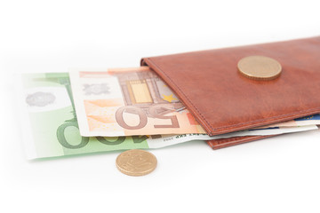 Brown wallet with EU money