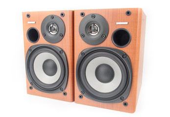 wooden sound speakers isolated on white background