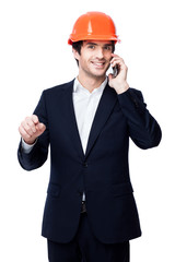 Engineer in hard hat isolated on white