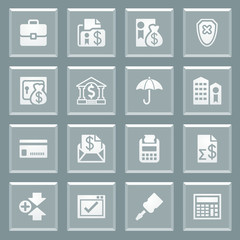 Banking white icons on glass buttons.
