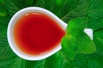 white cup of tea on a background of green leaves