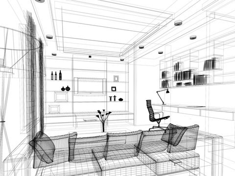 sketch design of living ,3dwire frame render 