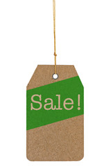 Paper tag with green sales text isolated on white background