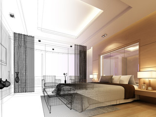 sketch design of bedroom ,3d  render