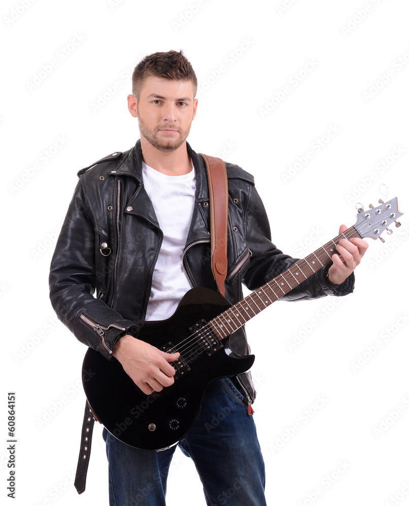 Wall mural Young musician playing  guitar, isolated on white