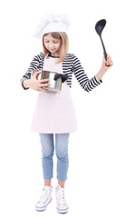 Beautiful little girl holding kitchen spoon and pan isolated