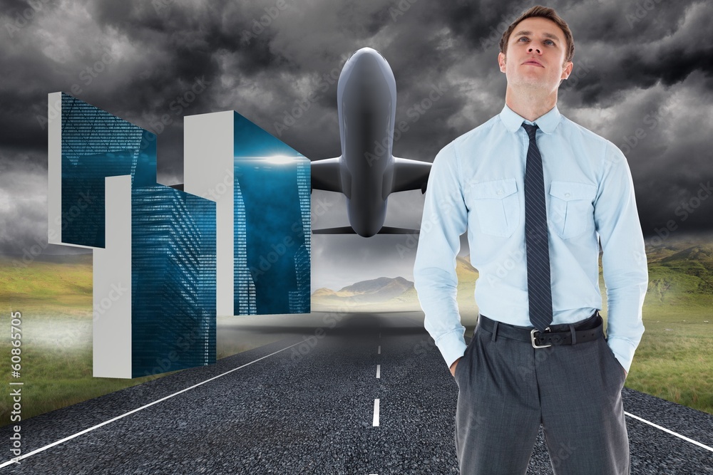Poster composite image of serious businessman standing with hands in po
