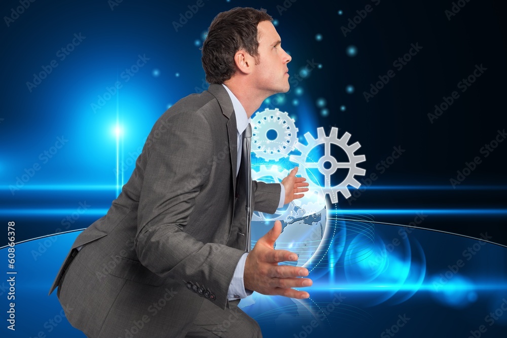 Poster composite image of businessman posing with hands out
