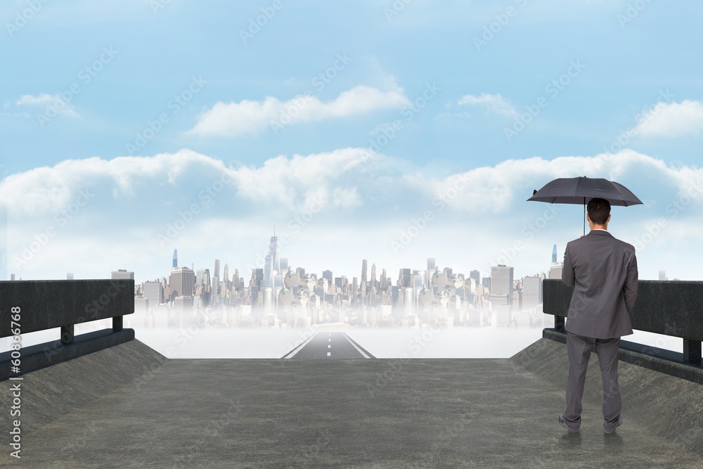 Poster composite image of rear view of classy businessman holding grey