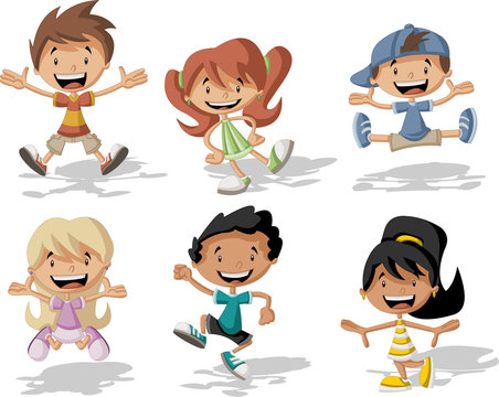 Group of happy cartoon children jumping