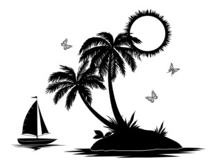 Island with palm and ship silhouettes