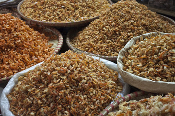 Dried shrimps at market in Hanoi, Vietnam