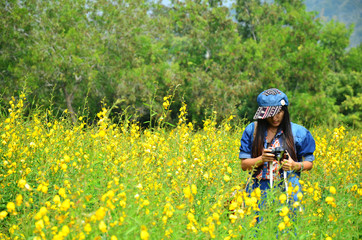 Women Thai Portrait on Crotalaria juncea Field