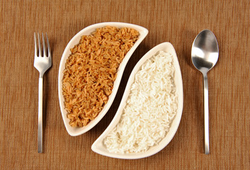Bowl of brown and white rice