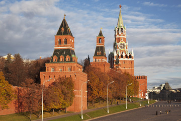 The towers and walls of the Moscow Kremlin. Moscow, Russia