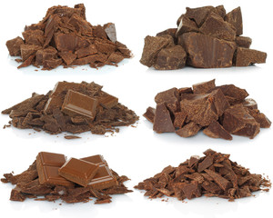 Broken chocolate bar set on white background