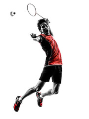 badminton player young man silhouette - obrazy, fototapety, plakaty