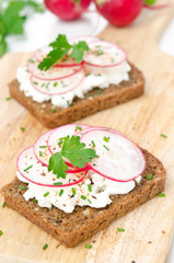 grain bread with soft cheese, radish and herbs on a wooden board