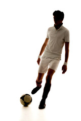 Football player score goals on white background