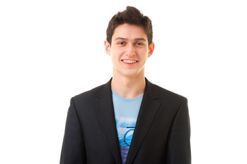 Happy young business man on white