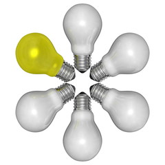 Yellow light bulb and white ones arranged in radial pattern