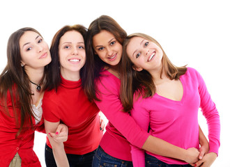 girls in red, group of four young happy smiling women in red clo