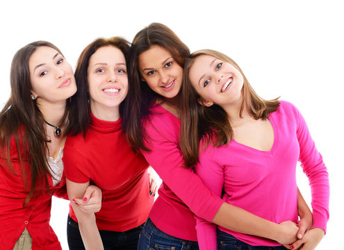 Girls In Red, Group Of Four Young Happy Smiling Women In Red Clo