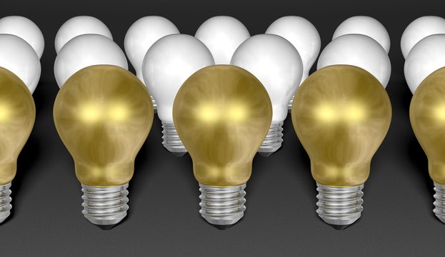 Rows of golden and white light bulbs on grey background